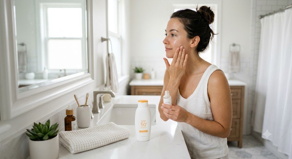 Thoa serum Arbutin kết hợp kem chống nắng ban ngày