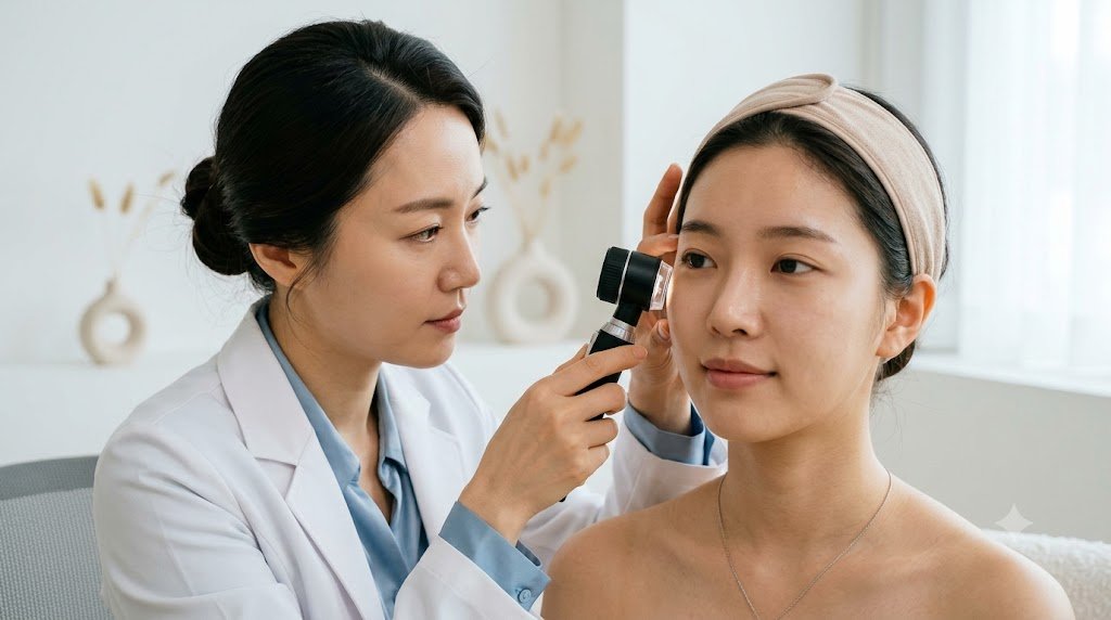 Bác sĩ da liễu soi da vùng gò má để phân biệt bớt Ota, Hori với nám