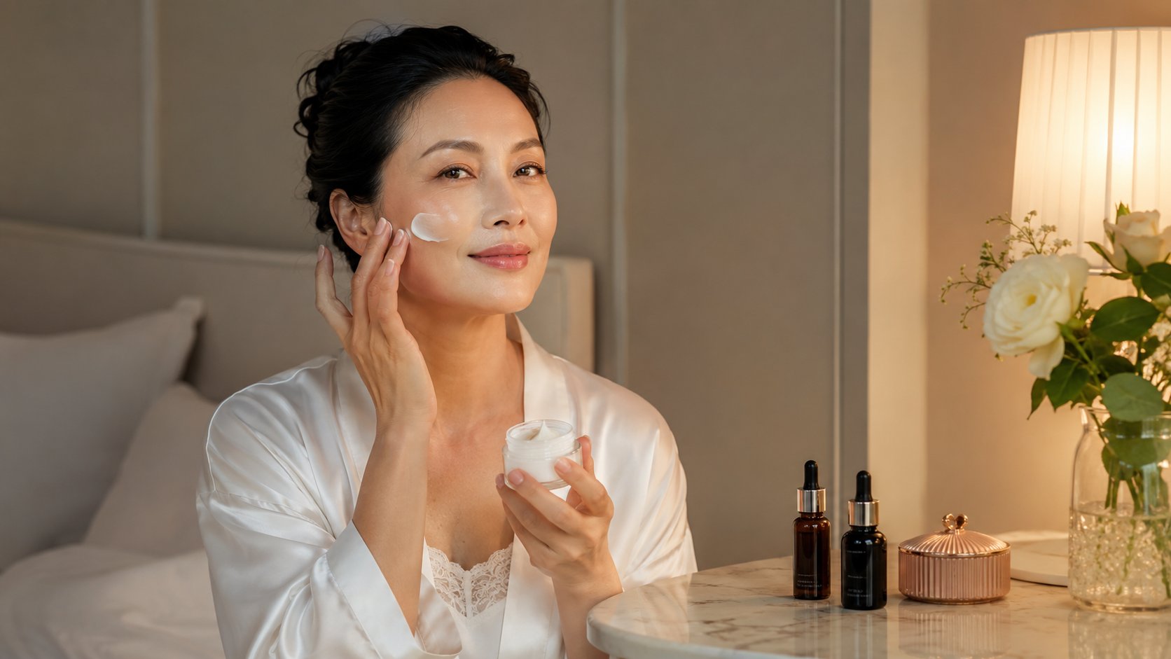 Routine dưỡng da ban tối tiền mãn kinh — retinol, niacinamide và kem phục hồi hàng rào da