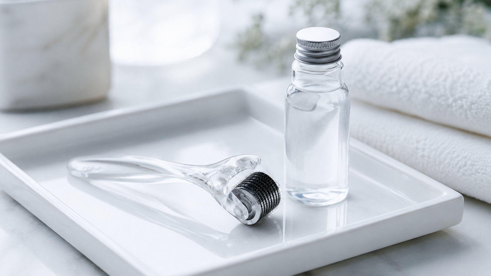 Derma roller và dung dịch sát khuẩn chuẩn bị trước khi lăn