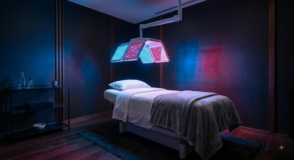 Thiết bị đèn LED xanh và đỏ trong phòng điều trị mụn