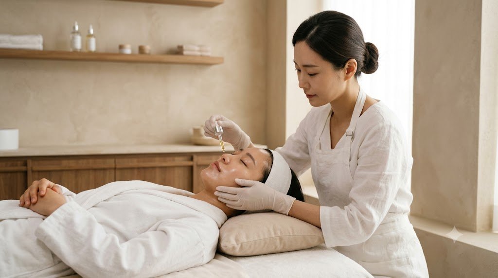 Chuyên viên spa thoa serum điều trị mụn cám cho khách hàng