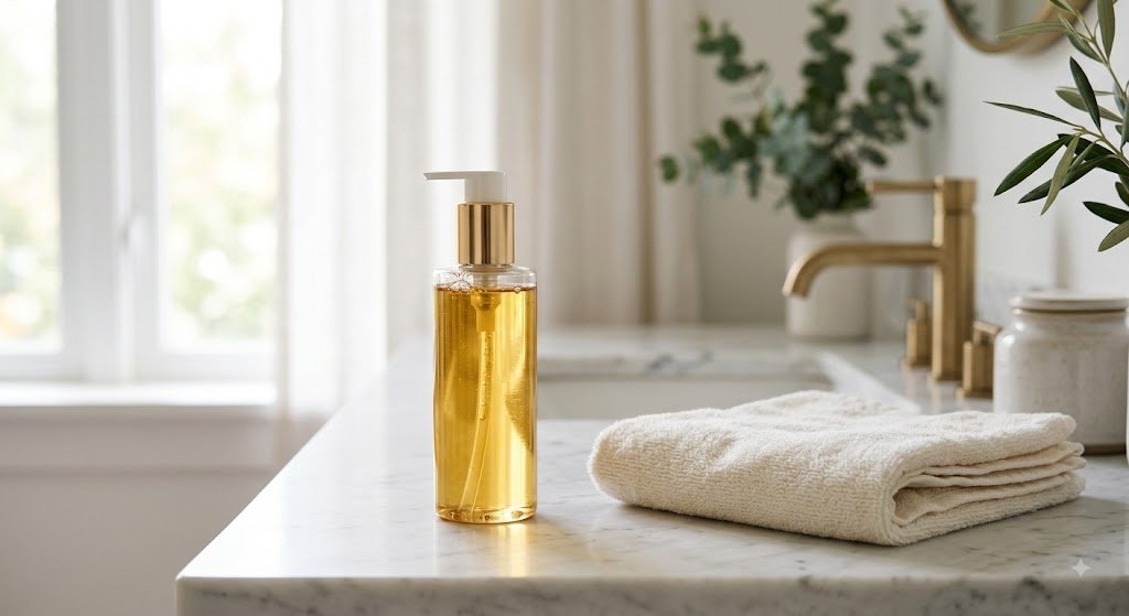 Dầu tẩy trang và khăn bông ấm dùng trong bước oil cleansing