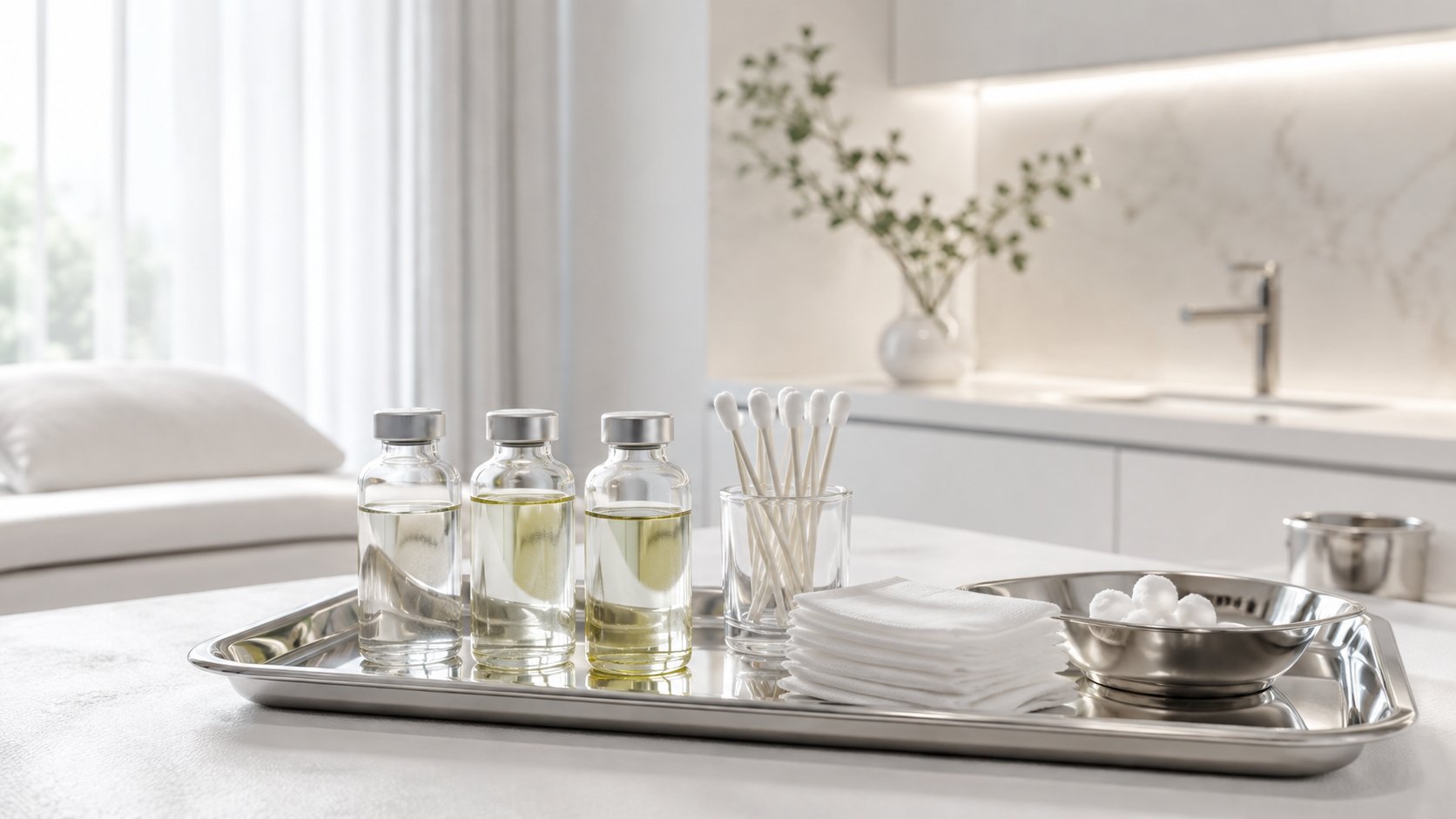 Dụng cụ và dung dịch peel hóa học chuẩn bị cho một buổi điều trị