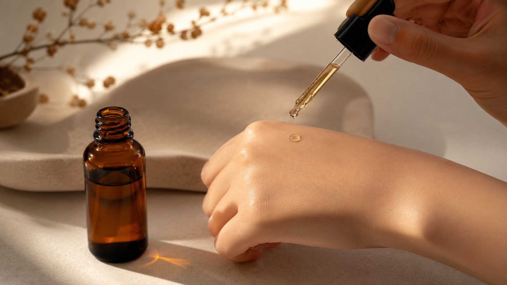 Serum retinol nhỏ giọt lên mu bàn tay trong ánh sáng buổi tối