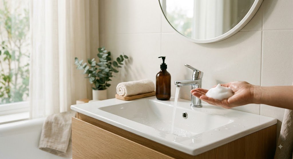 Bồn rửa mặt với sữa rửa mặt tạo bọt cho da dầu mụn