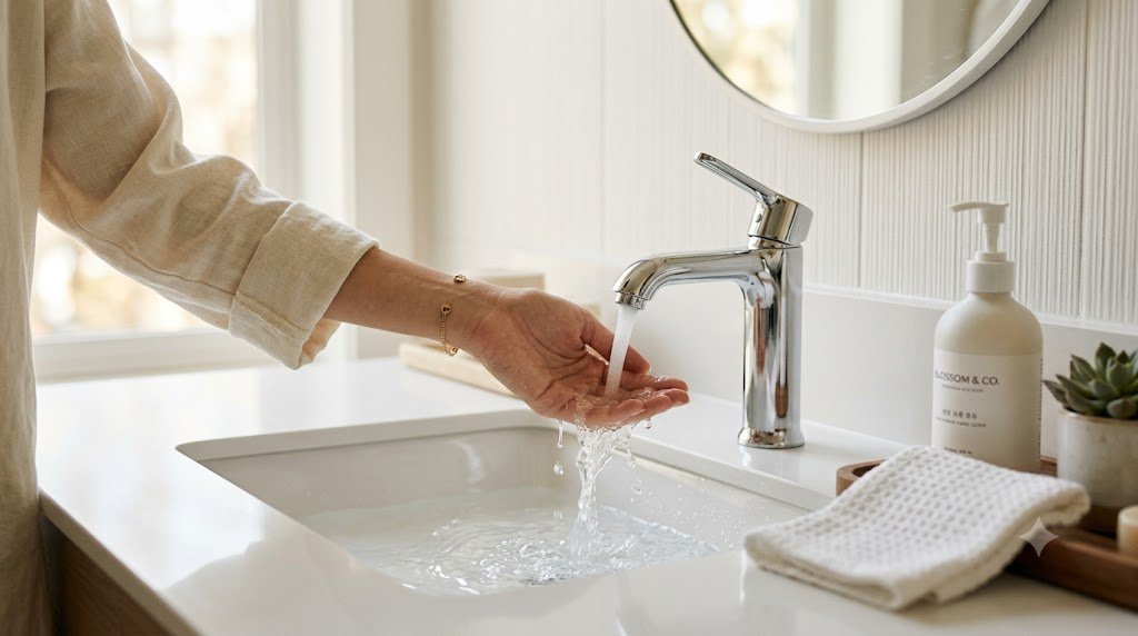 Kiểm tra nhiệt độ nước rửa mặt ấm vừa phải trước khi rửa mặt