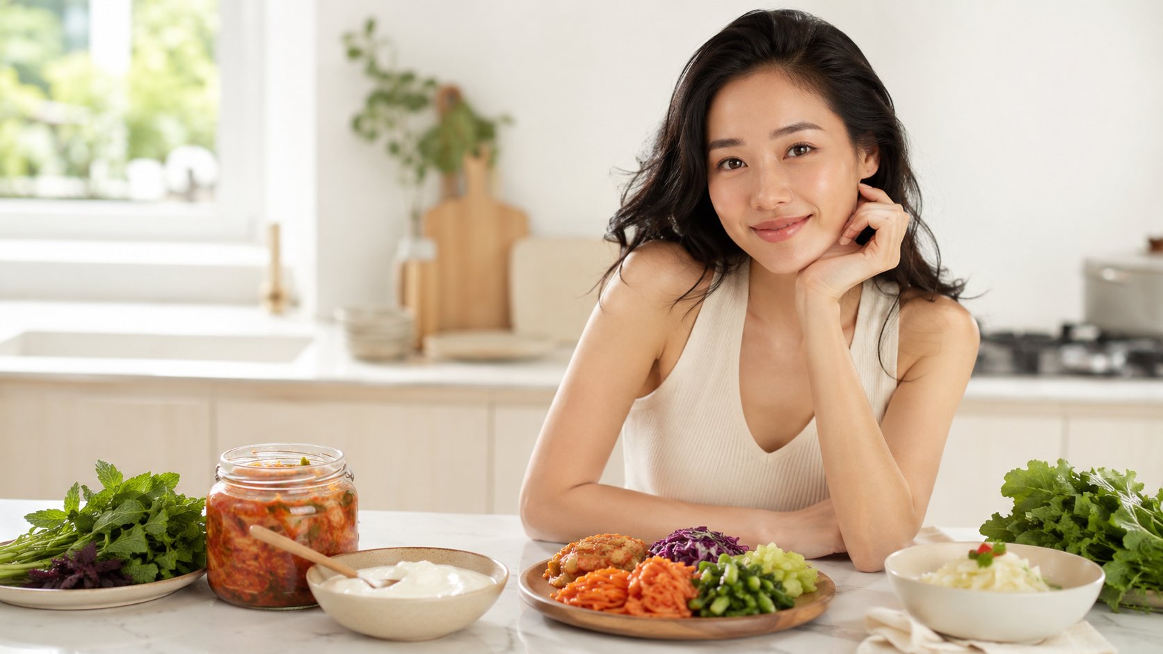Thực phẩm probiotic và prebiotics hỗ trợ hệ vi sinh đường ruột — kimchi, sữa chua, rau lên men