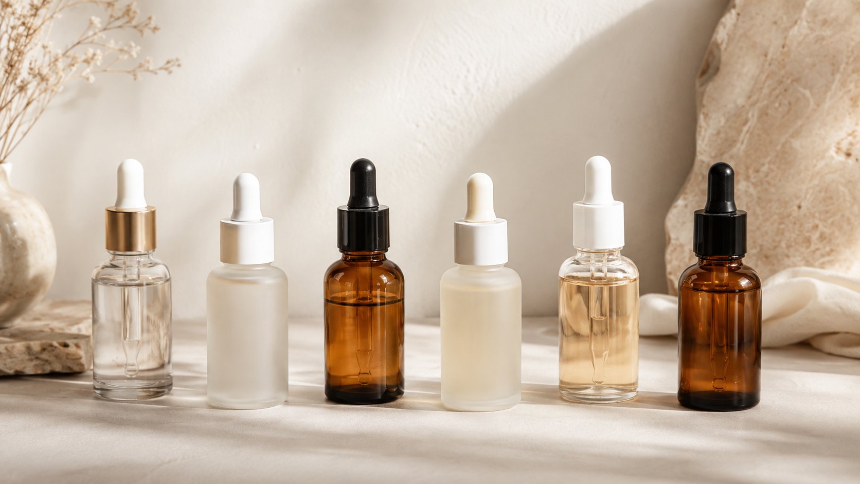 Các serum hoạt chất làm sáng da xếp cạnh nhau