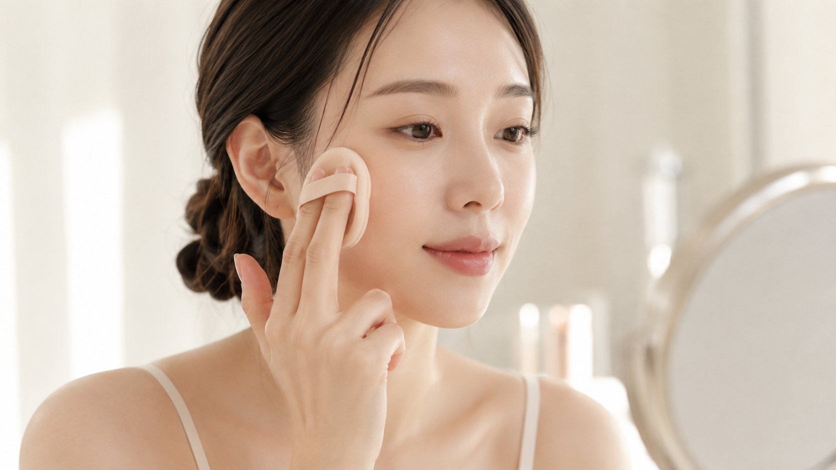 Kỹ thuật vỗ nhẹ kem nền bằng mút trang điểm để che sẹo rỗ tự nhiên